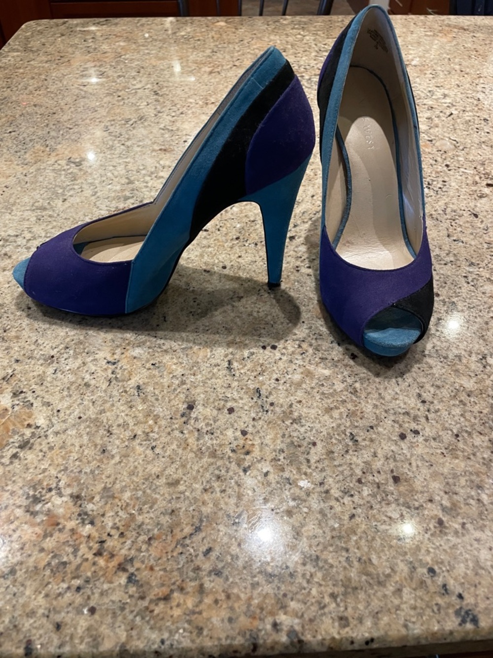 Nine West Purple Teal Black Colorblock Peep-Toe Heels